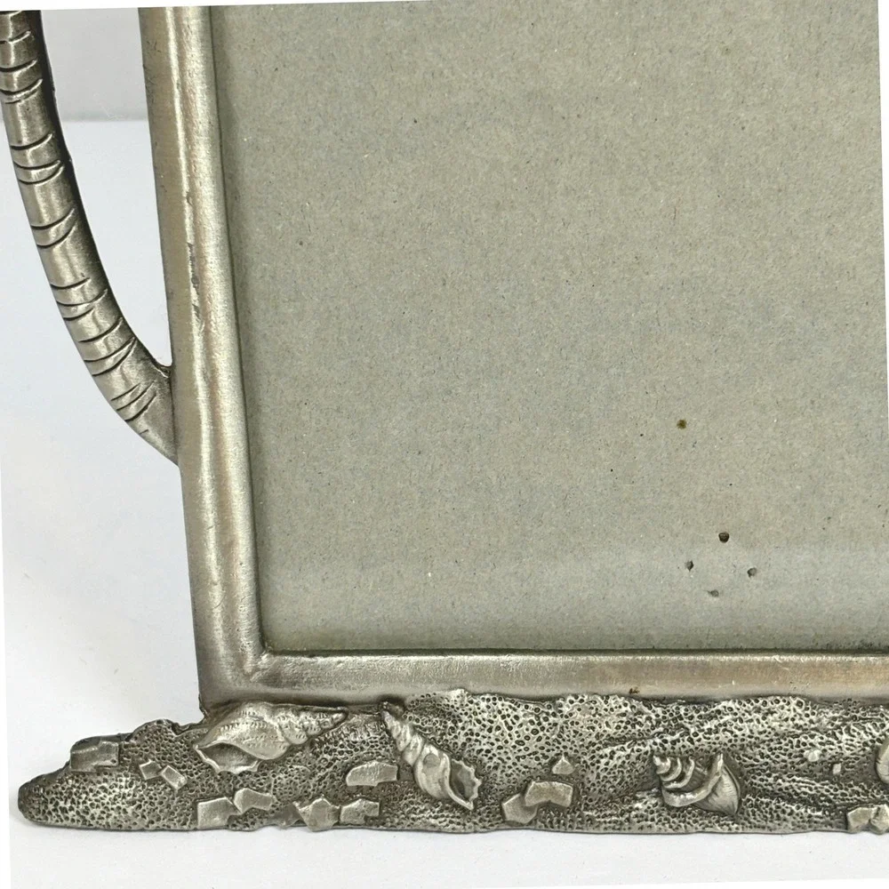 Vtg 90s Pewter Tone Tropical Beach Photo Frame Palm Trees Seashells Coastal 4x6
